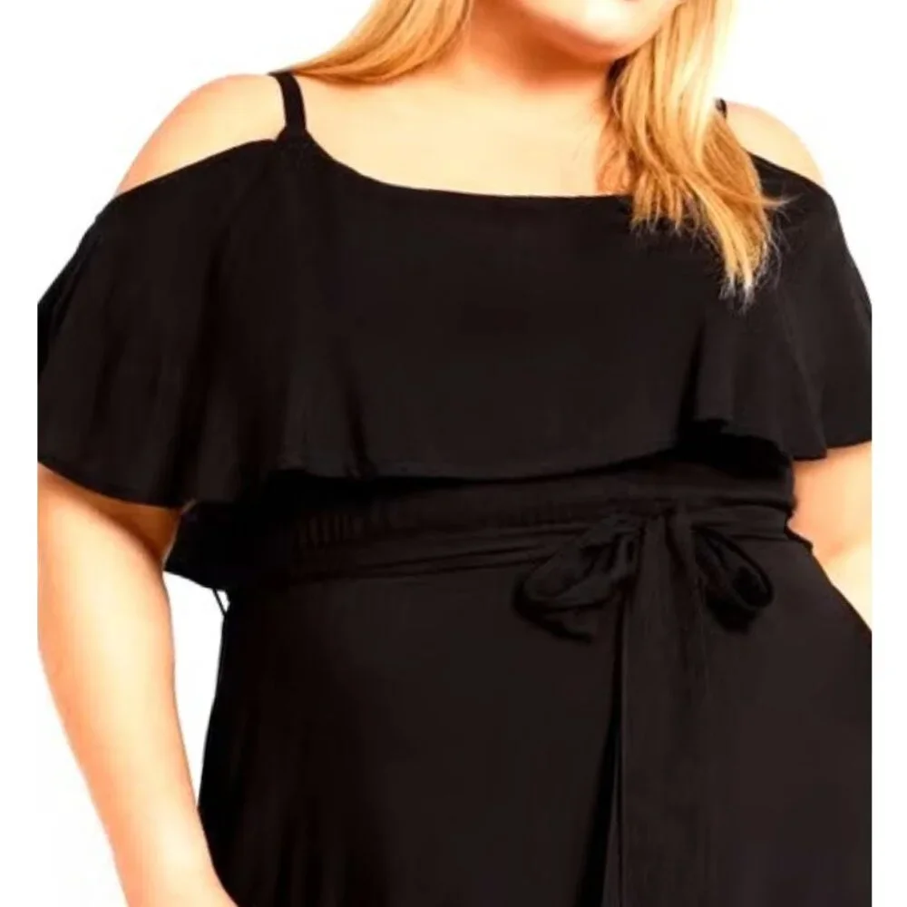 NWT Avenue Black Cold Shoulder Overlay Tie Waist Midi Dress 20
